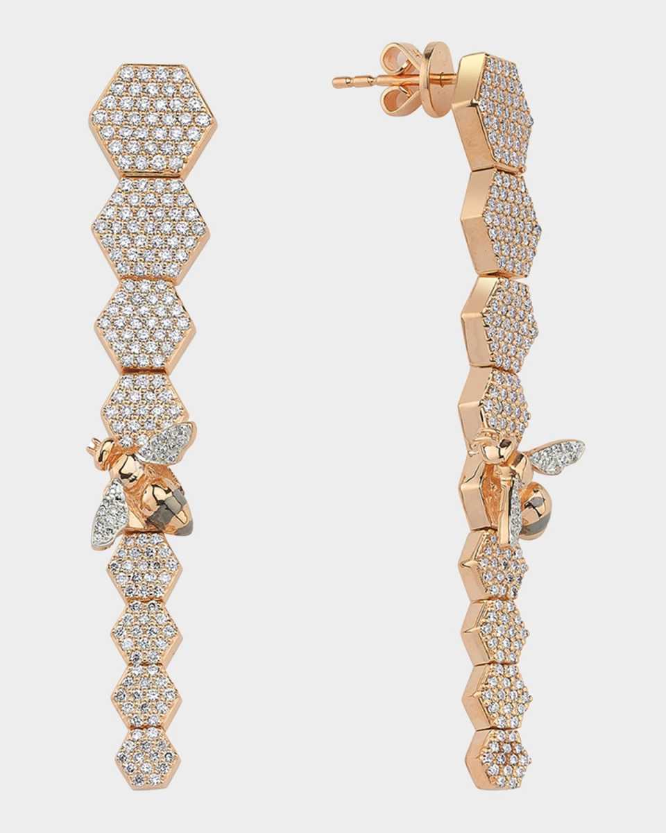 14k Rose Gold Long Bee & Honeycomb Drop Earrings